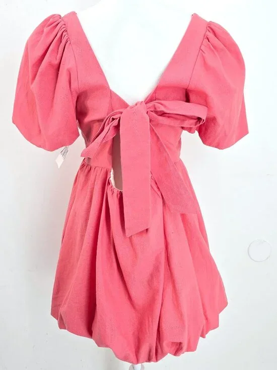NWT ZARA Salmon Pink Square Neck Linen Puff Sleeve Bow Tie Back Mini Dress XL - Picture 6 of 11